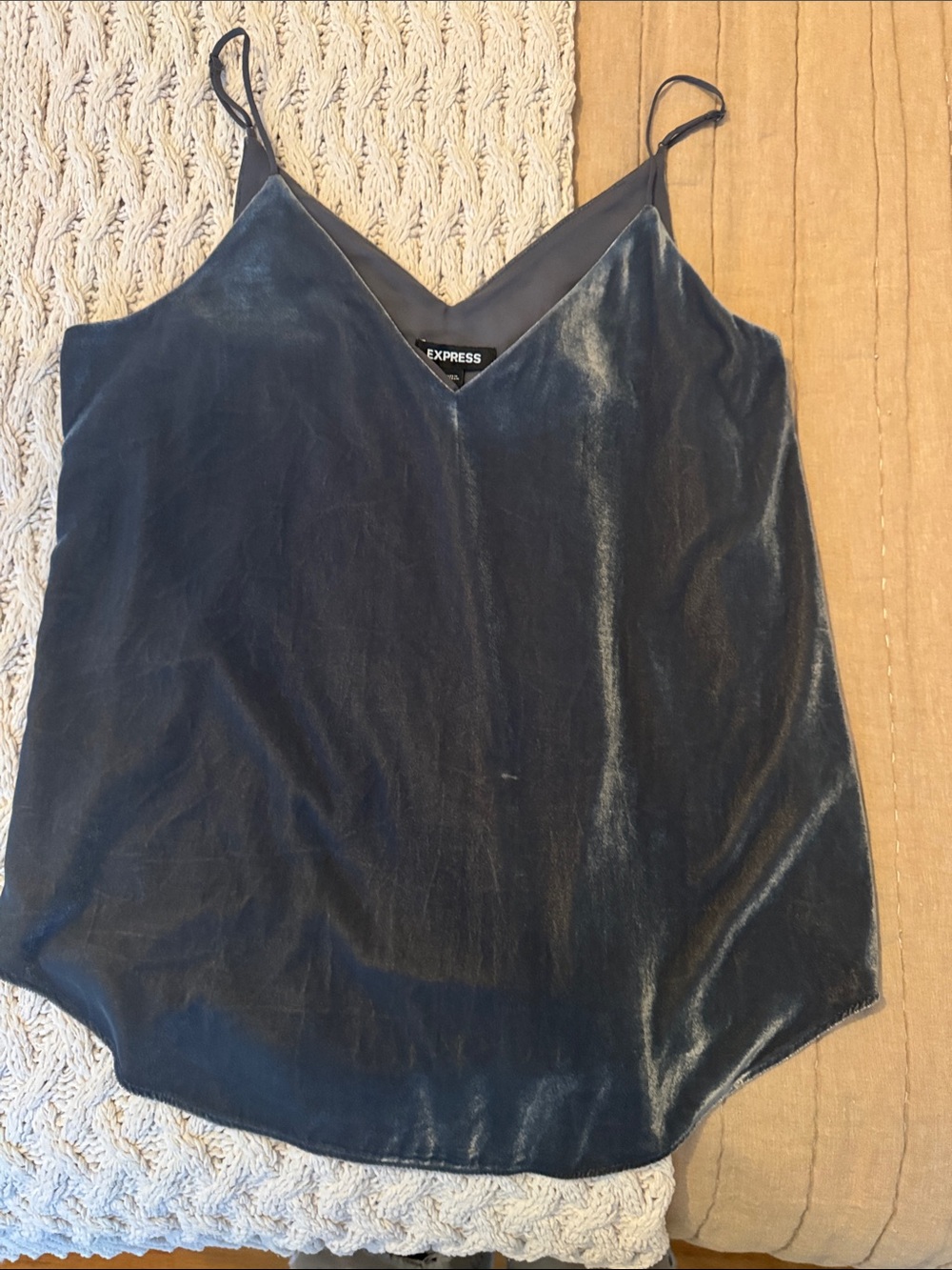 Express Slate Blue Velvet V-Neck Cami with Adjustable Straps